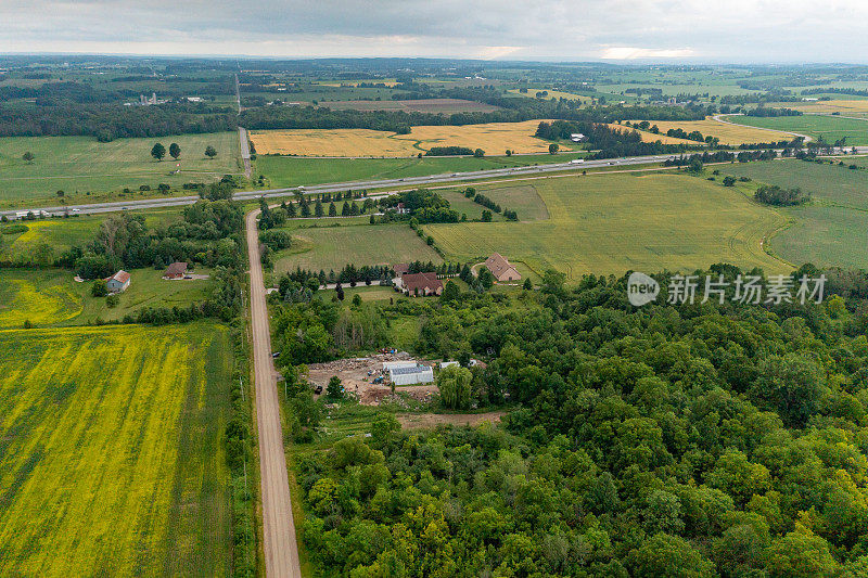 鸟瞰油菜籽田和乡村道路，Bradford West Gwillimbury，加拿大